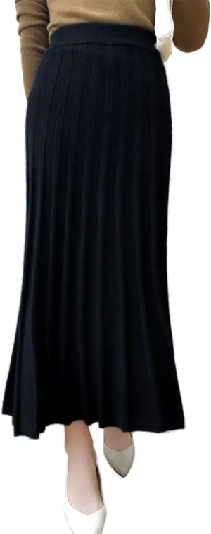 Long Skirt Women's Autumn Winter 100% Merino Wool Knit Ribbed Elastic Pleated Warm Sweater Skirt