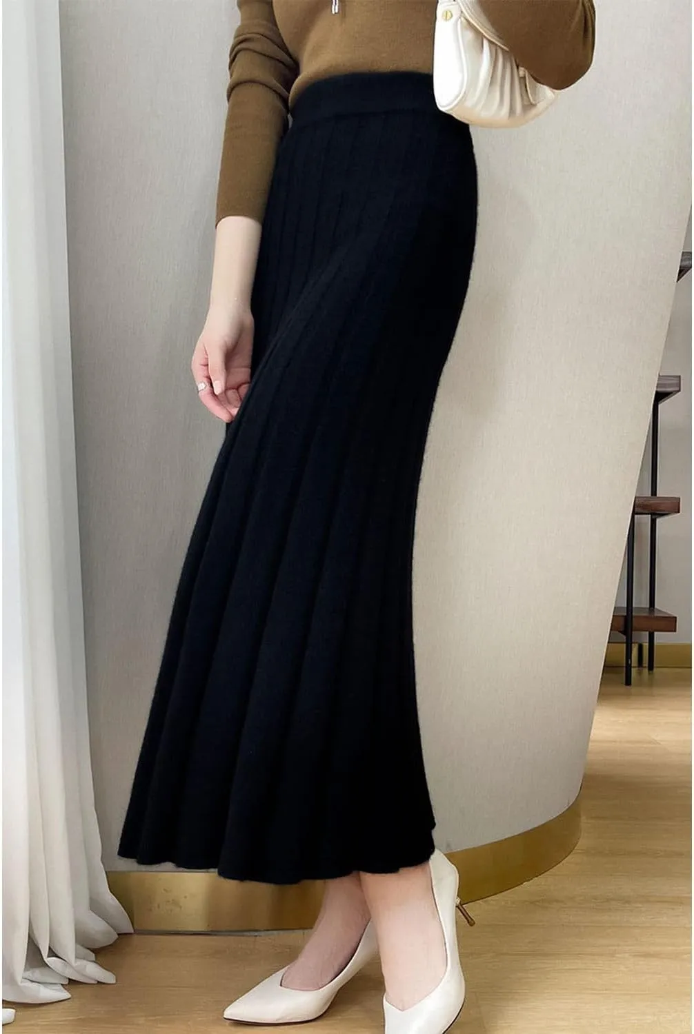 Long Skirt Women's Autumn Winter 100% Merino Wool Knit Ribbed Elastic Pleated Warm Sweater Skirt