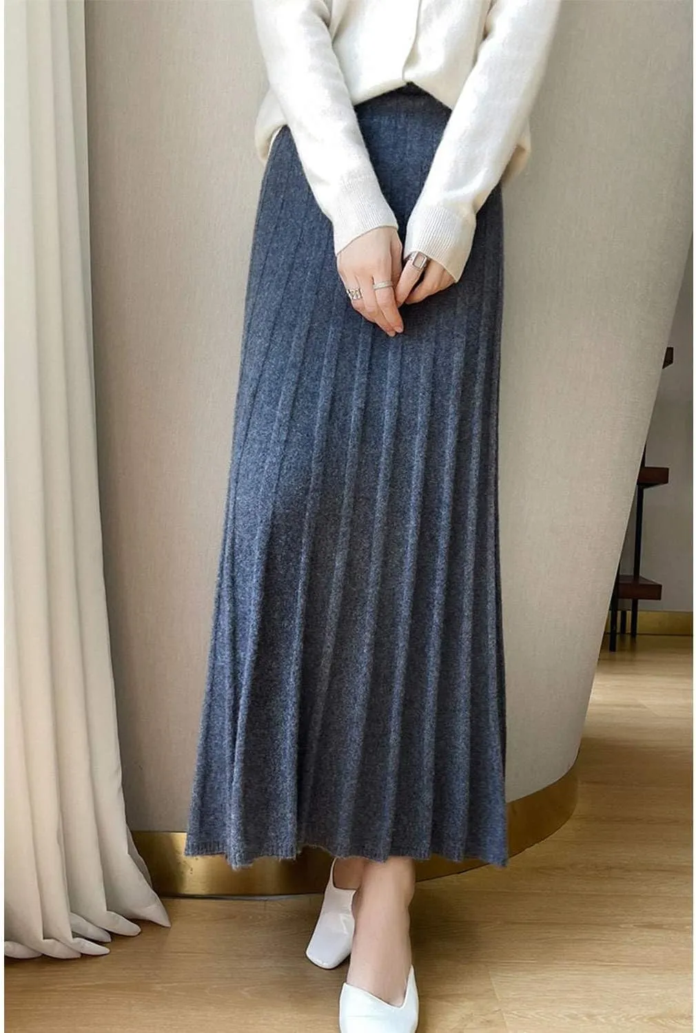 Long Skirt Women's Autumn Winter 100% Merino Wool Knit Ribbed Elastic Pleated Warm Sweater Skirt