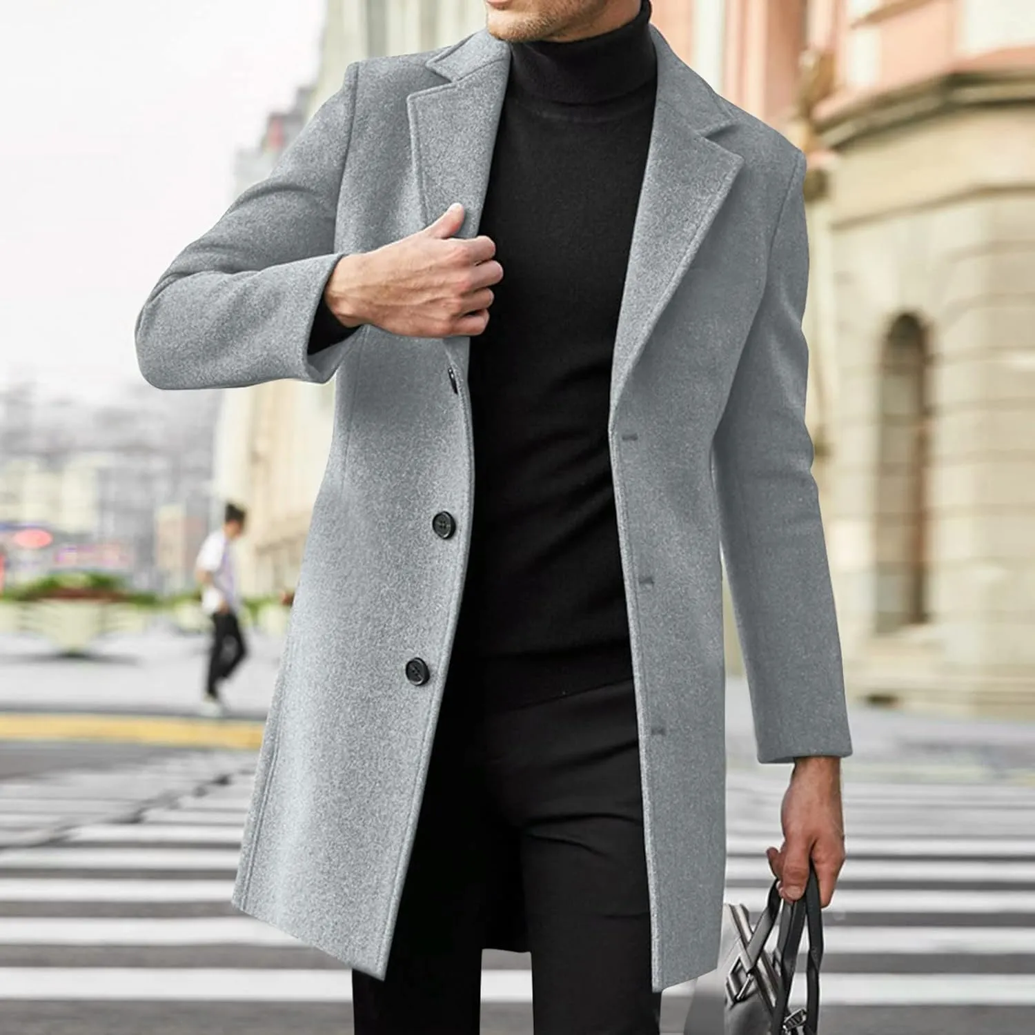 Long Trench Coat Men Single Breasted Wool Blend Coat Mid Length Pea Coat Notch Lapel Jacket Business Casual Overcoat
