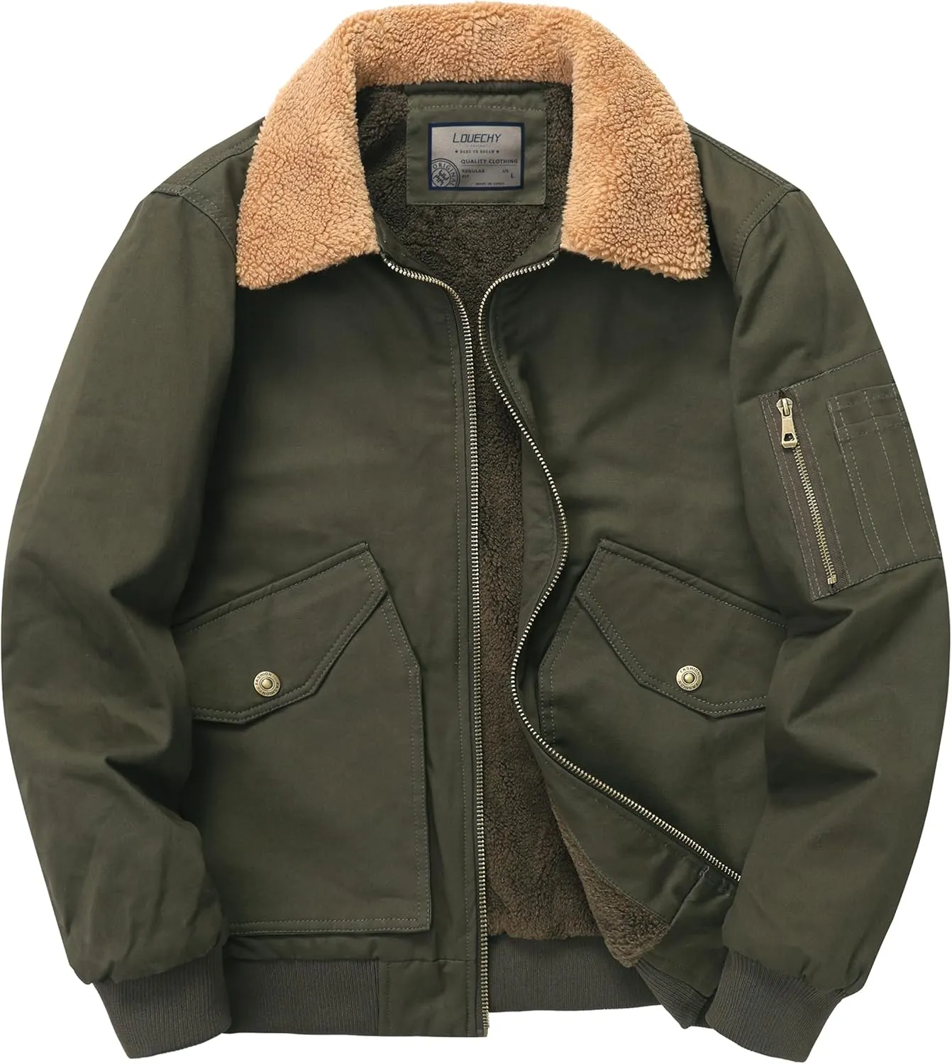 LOUECHY Men's Washed Cotton Military Jacket Sherpa Lined Utility Jacket Thick Warm Winter Jacket