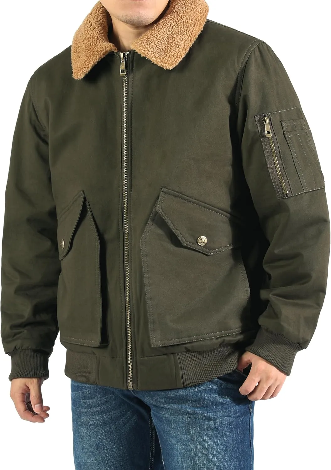 LOUECHY Men's Washed Cotton Military Jacket Sherpa Lined Utility Jacket Thick Warm Winter Jacket