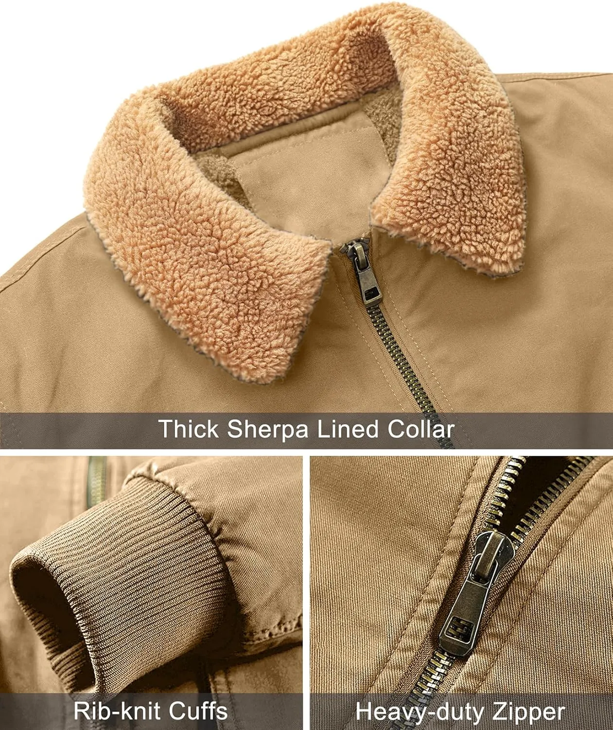 LOUECHY Men's Washed Cotton Military Jacket Sherpa Lined Utility Jacket Thick Warm Winter Jacket