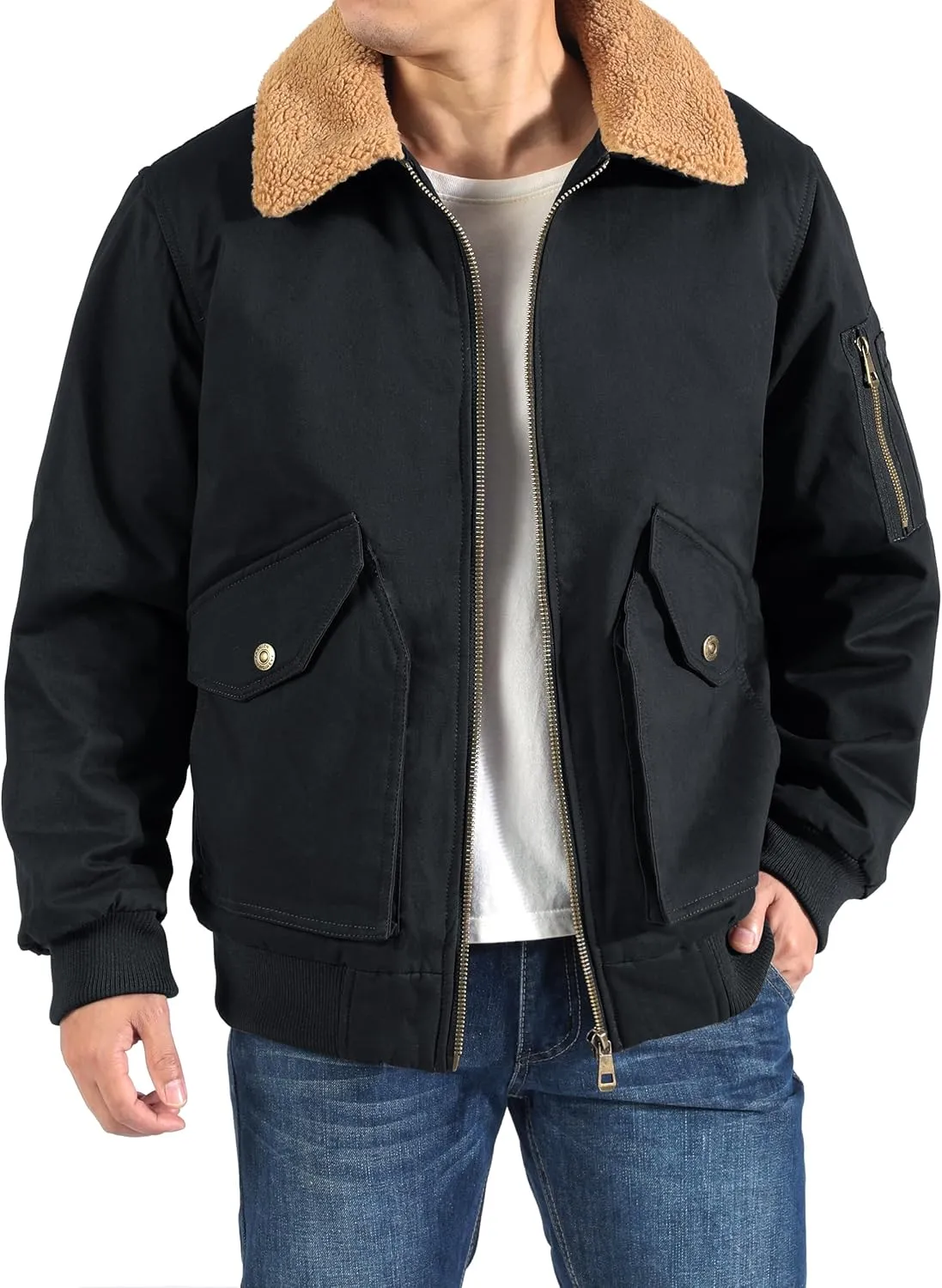 LOUECHY Men's Washed Cotton Military Jacket Sherpa Lined Utility Jacket Thick Warm Winter Jacket