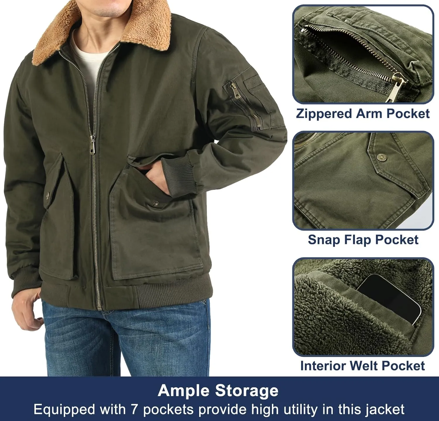 LOUECHY Men's Washed Cotton Military Jacket Sherpa Lined Utility Jacket Thick Warm Winter Jacket