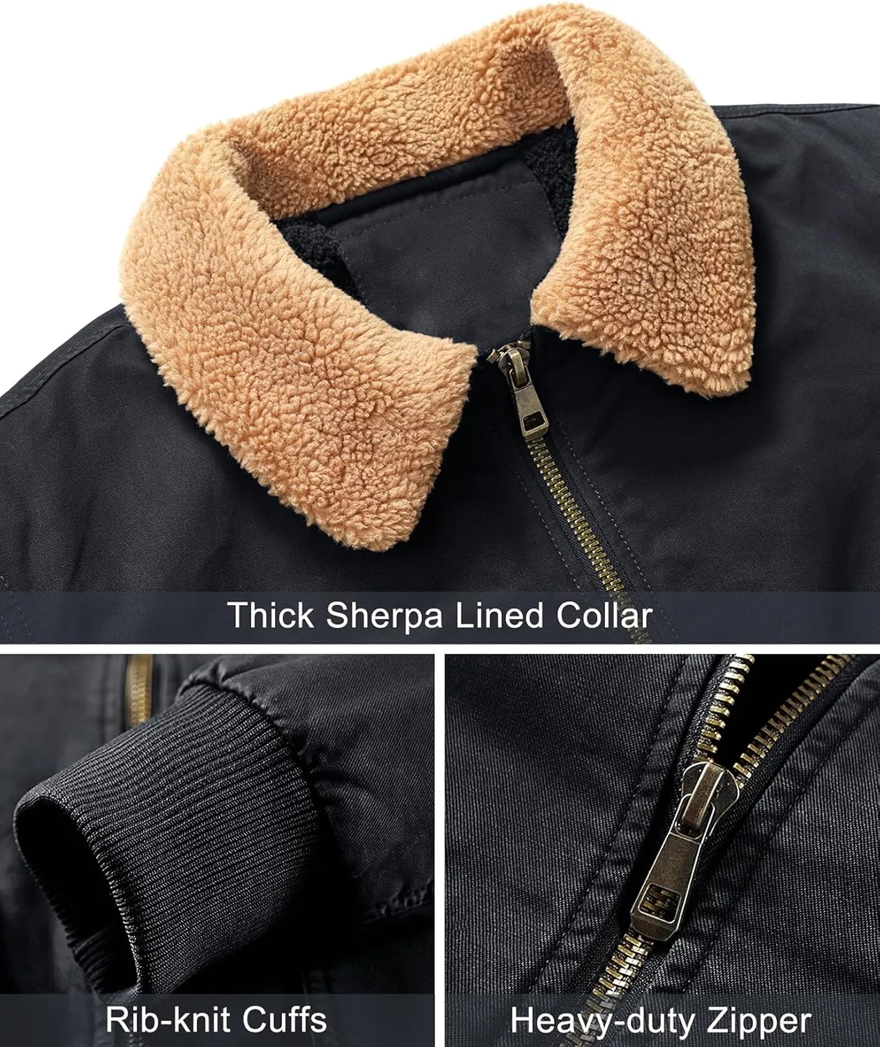 LOUECHY Men's Washed Cotton Military Jacket Sherpa Lined Utility Jacket Thick Warm Winter Jacket