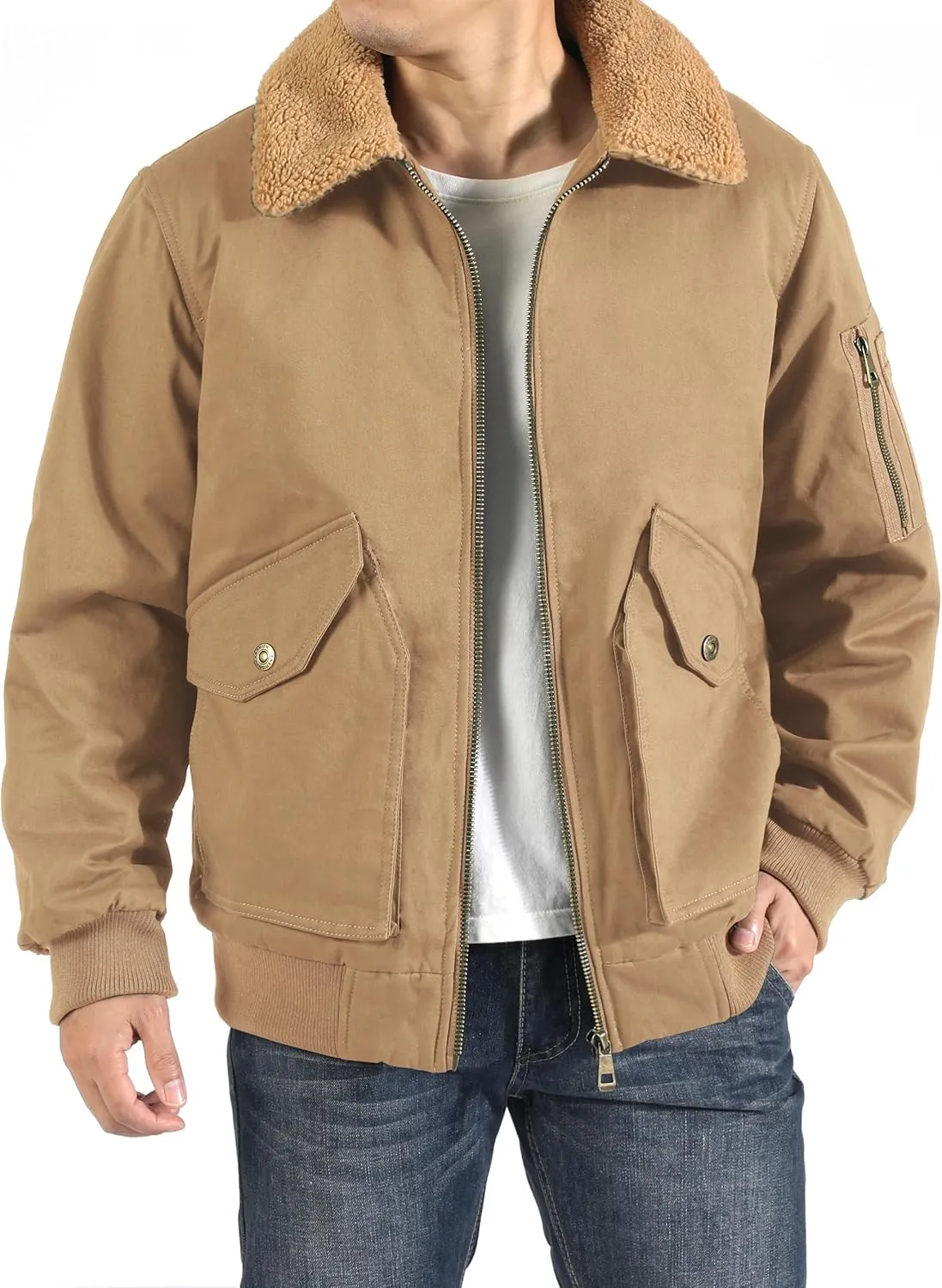LOUECHY Men's Washed Cotton Military Jacket Sherpa Lined Utility Jacket Thick Warm Winter Jacket