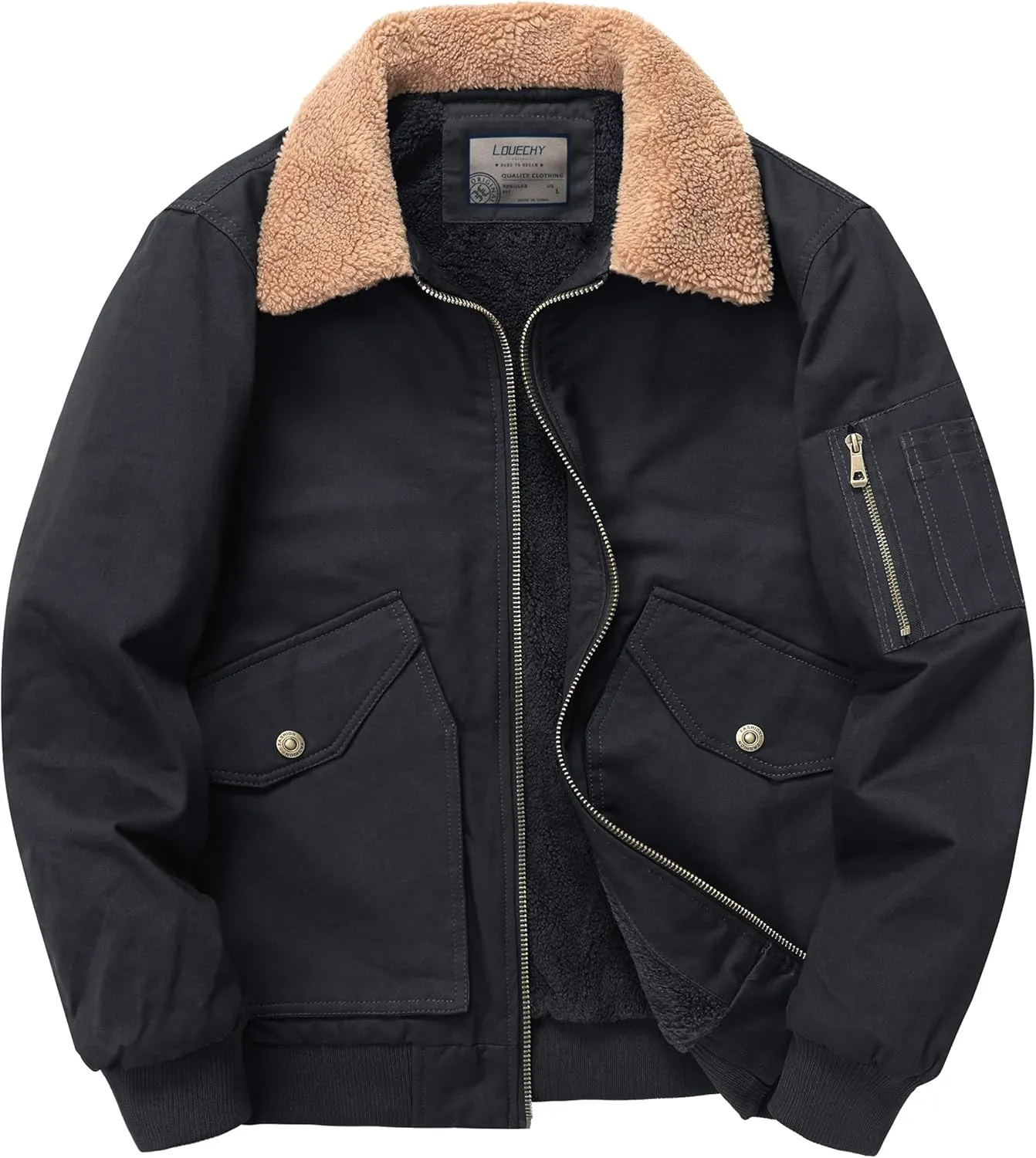 LOUECHY Men's Washed Cotton Military Jacket Sherpa Lined Utility Jacket Thick Warm Winter Jacket