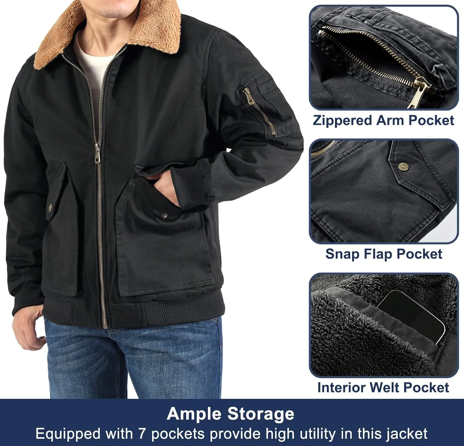 LOUECHY Men's Washed Cotton Military Jacket Sherpa Lined Utility Jacket Thick Warm Winter Jacket