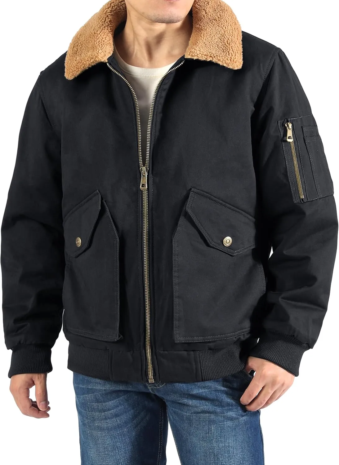 LOUECHY Men's Washed Cotton Military Jacket Sherpa Lined Utility Jacket Thick Warm Winter Jacket