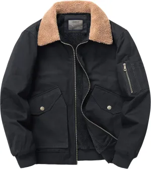 LOUECHY Men's Washed Cotton Military Jacket Sherpa Lined Utility Jacket Thick Warm Winter Jacket