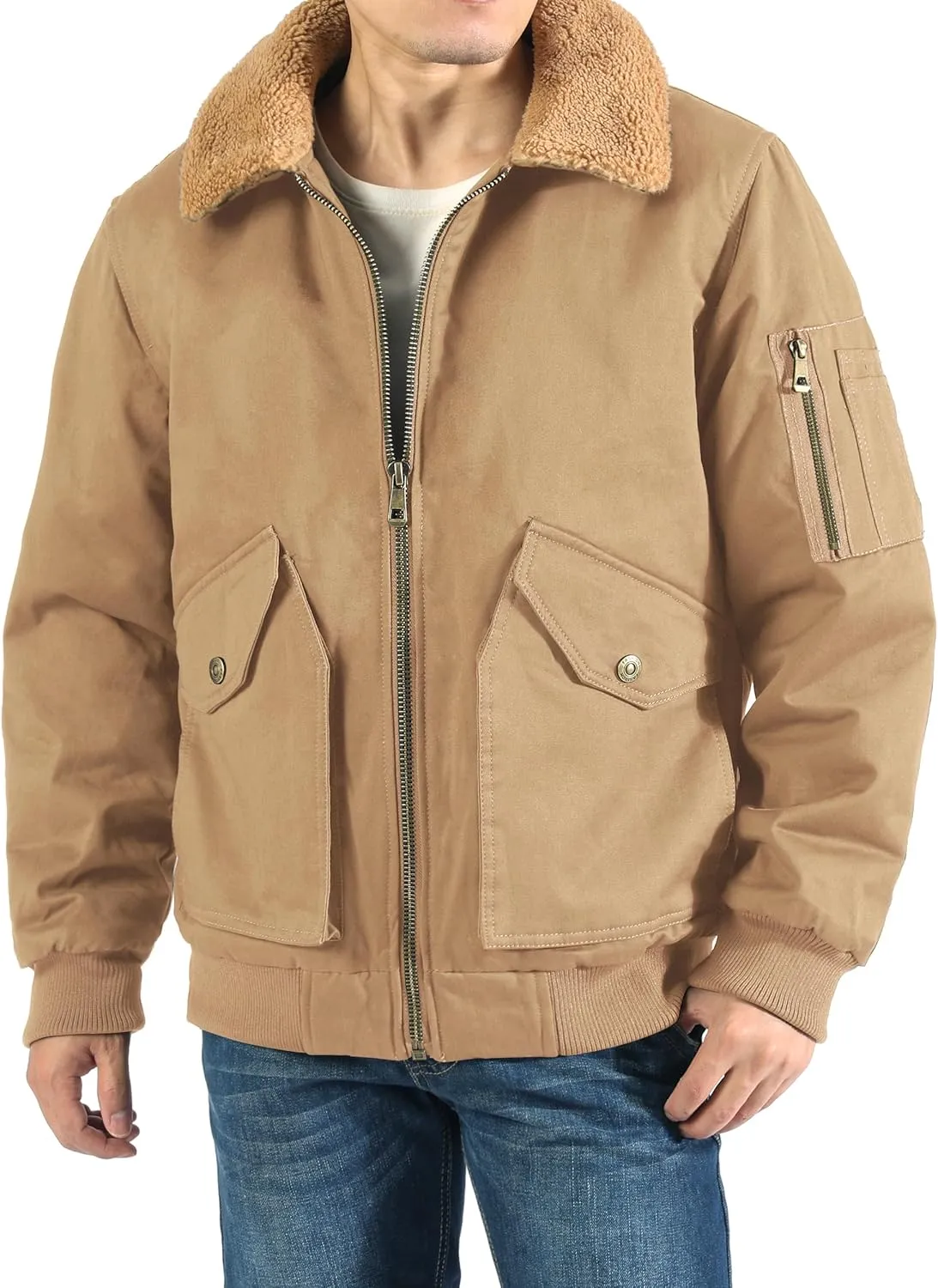LOUECHY Men's Washed Cotton Military Jacket Sherpa Lined Utility Jacket Thick Warm Winter Jacket