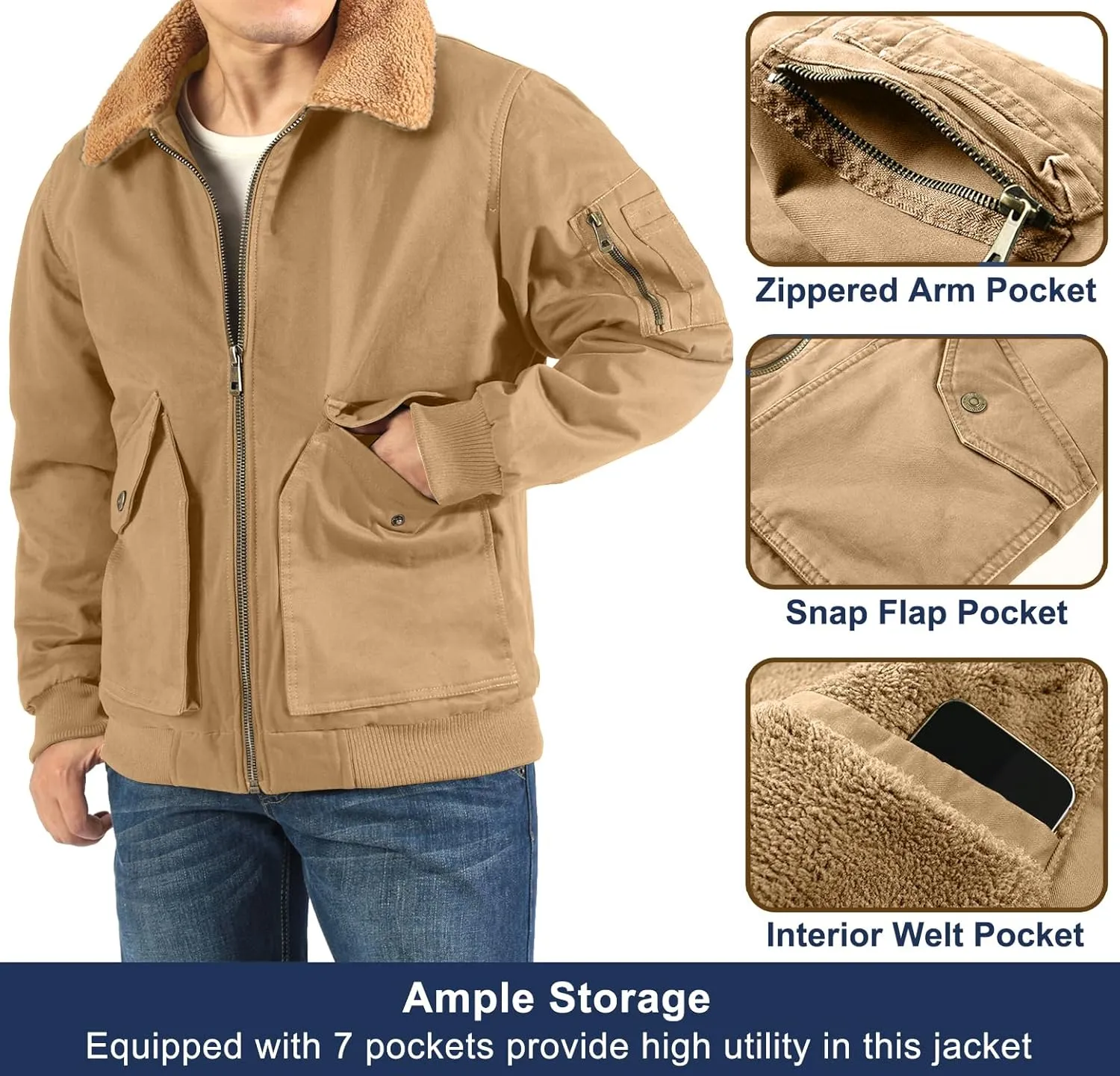 LOUECHY Men's Washed Cotton Military Jacket Sherpa Lined Utility Jacket Thick Warm Winter Jacket
