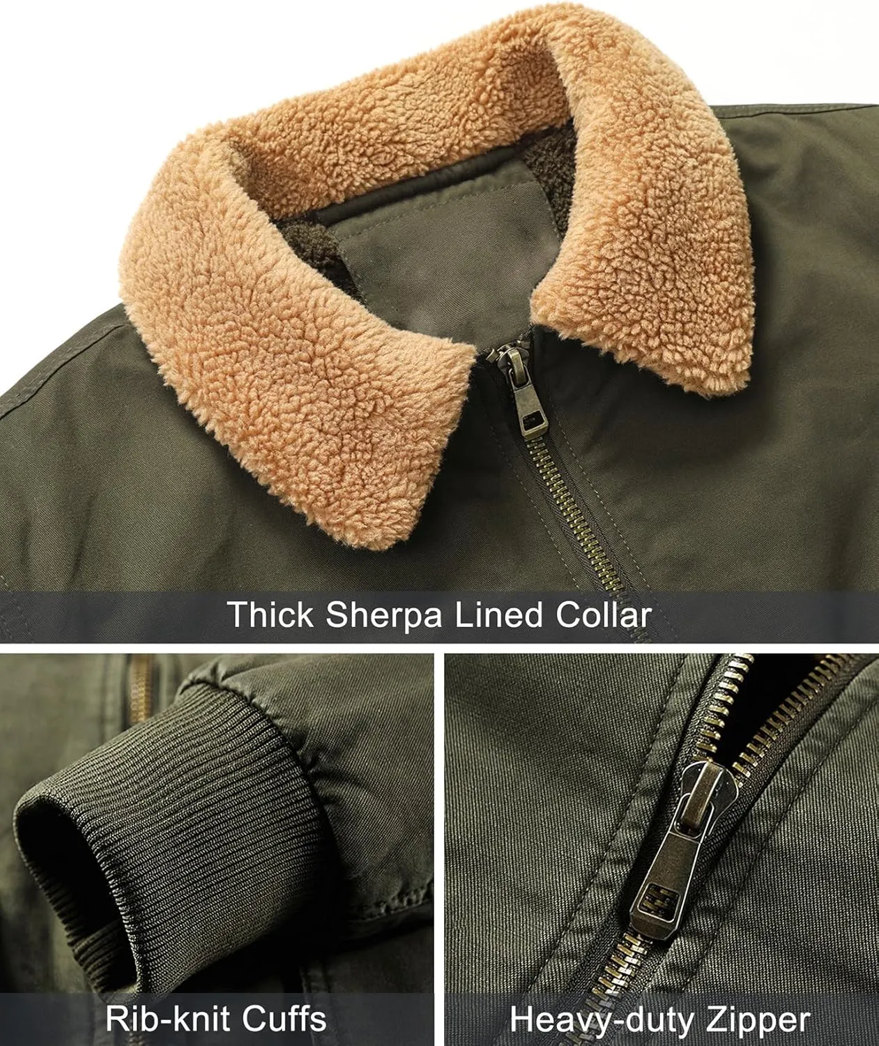 LOUECHY Men's Washed Cotton Military Jacket Sherpa Lined Utility Jacket Thick Warm Winter Jacket