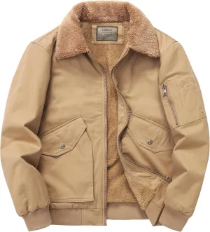 LOUECHY Men's Washed Cotton Military Jacket Sherpa Lined Utility Jacket Thick Warm Winter Jacket