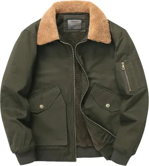 LOUECHY Men's Washed Cotton Military Jacket Sherpa Lined Utility Jacket Thick Warm Winter Jacket