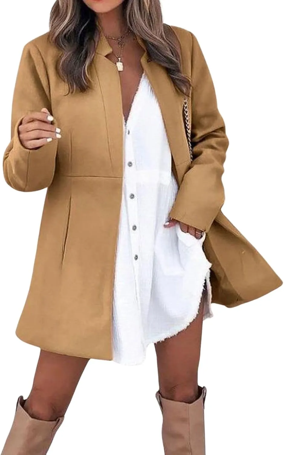 loveimgs Women Winter Wool Jacket Blazer Pea Coat Tailored Open Front Cardigan Work Office Woolen Mid Long Trench Coat