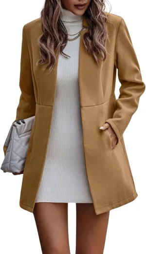 loveimgs Women Winter Wool Jacket Blazer Pea Coat Tailored Open Front Cardigan Work Office Woolen Mid Long Trench Coat