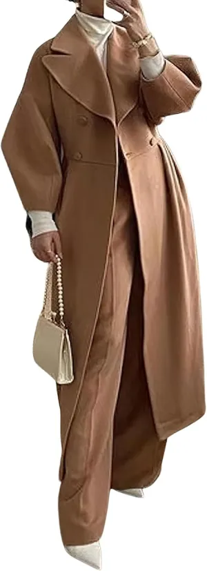 loveimgs Women's Winter Lantern Long Sleeve Notch Lapel Trench Pea Coat Button Waist Wool Blend Overcoat
