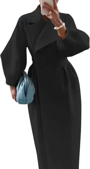 loveimgs Women's Winter Lantern Long Sleeve Notch Lapel Trench Pea Coat Button Waist Wool Blend Overcoat