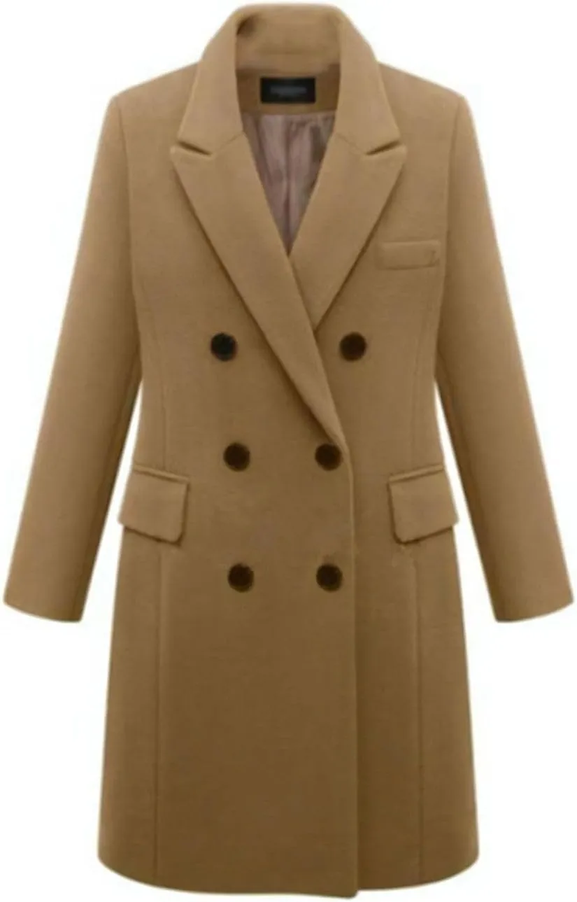 Lu's Chic Women's Elegant Peak Lapel Over Coat Double Breasted Trench Coat Slim Fit Fashion Dressy Casual Long Outerwear