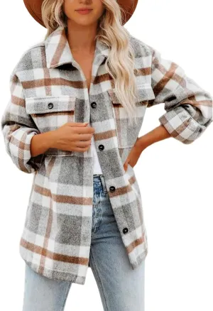 Lviefent Womens Casual Wool Blend Plaid Flannel Shackets Jacket Button Down Shirt Coat