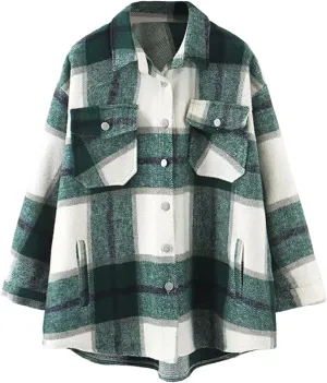 Lviefent Womens Casual Wool Blend Plaid Flannel Shackets Jacket Button Down Shirt Coat