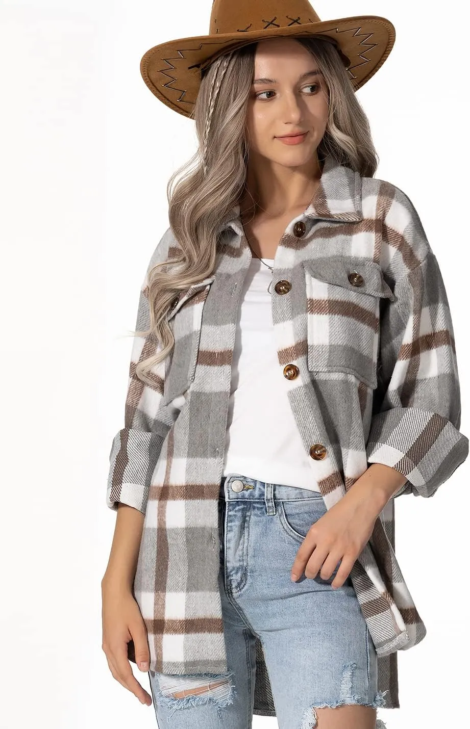 Lviefent Womens Casual Wool Blend Plaid Flannel Shackets Jacket Button Down Shirt Coat