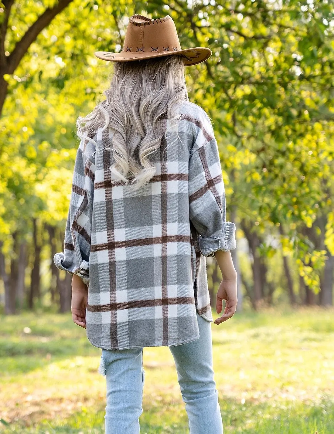 Lviefent Womens Casual Wool Blend Plaid Flannel Shackets Jacket Button Down Shirt Coat