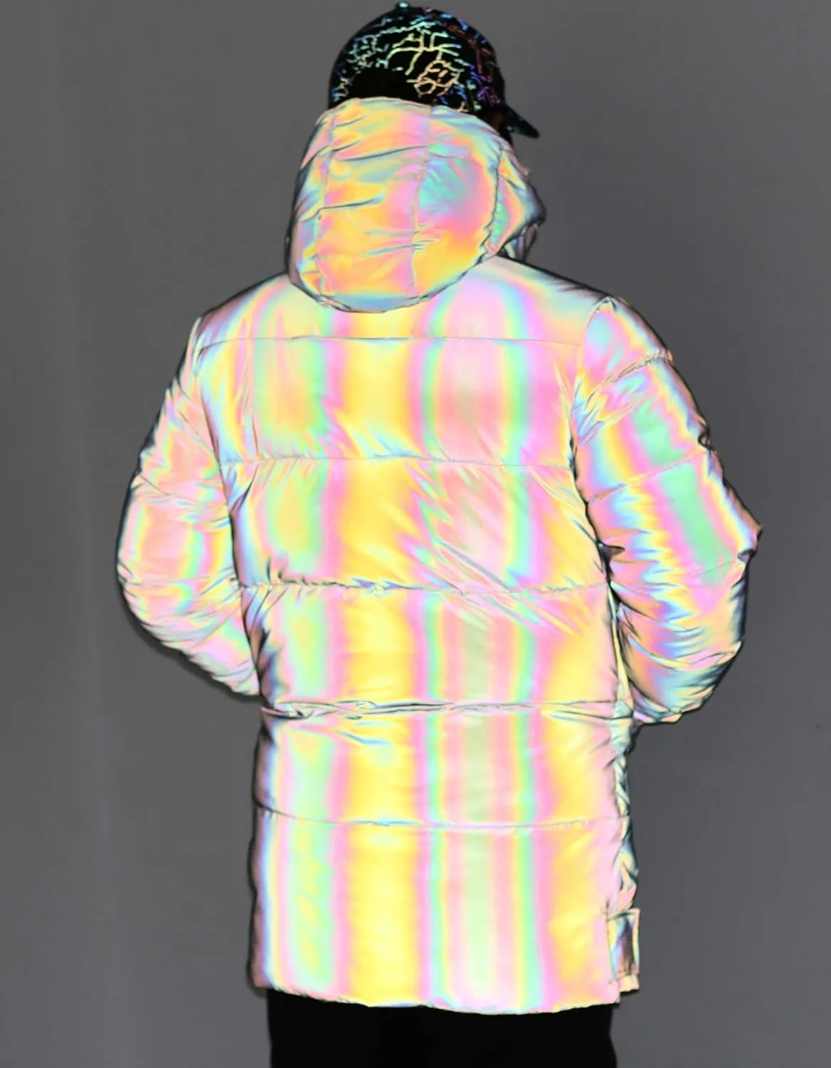 LZLRUN Rainbow Reflective Winter Down Jacket Coat Thick Warm Cotton Windbreaker Hooded