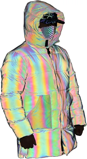 LZLRUN Rainbow Reflective Winter Down Jacket Coat Thick Warm Cotton Windbreaker Hooded