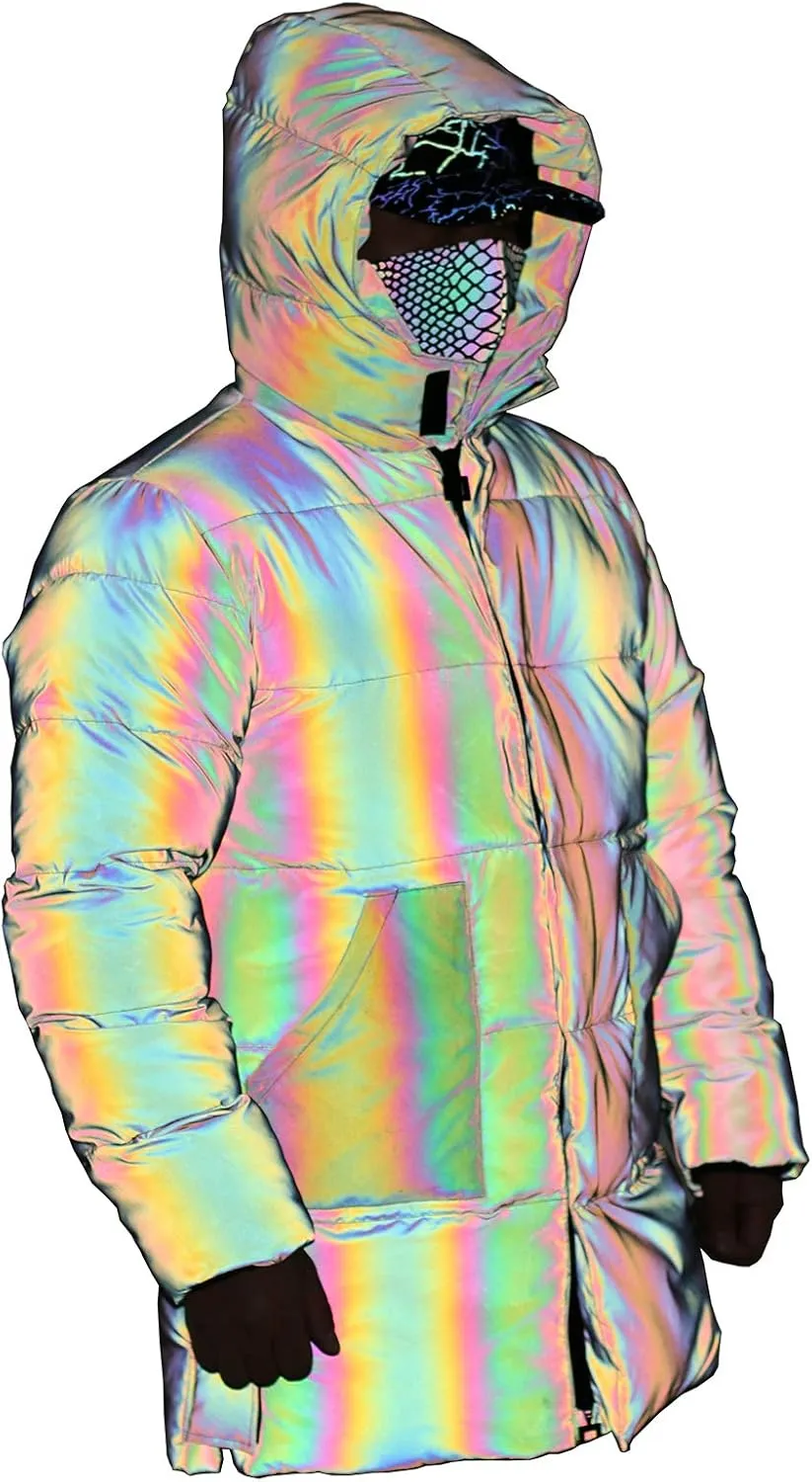 LZLRUN Rainbow Reflective Winter Down Jacket Coat Thick Warm Cotton Windbreaker Hooded