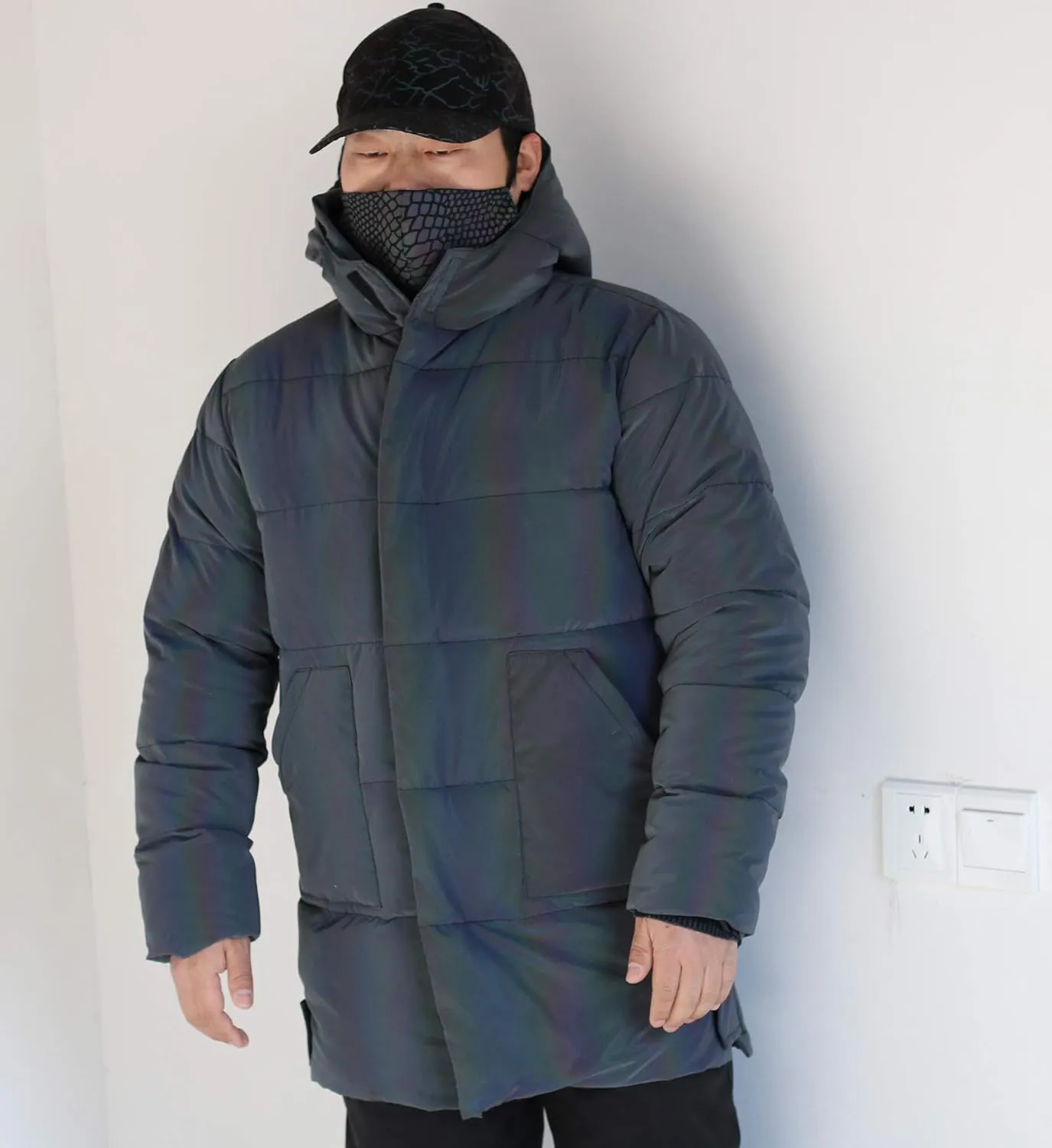 LZLRUN Rainbow Reflective Winter Down Jacket Coat Thick Warm Cotton Windbreaker Hooded