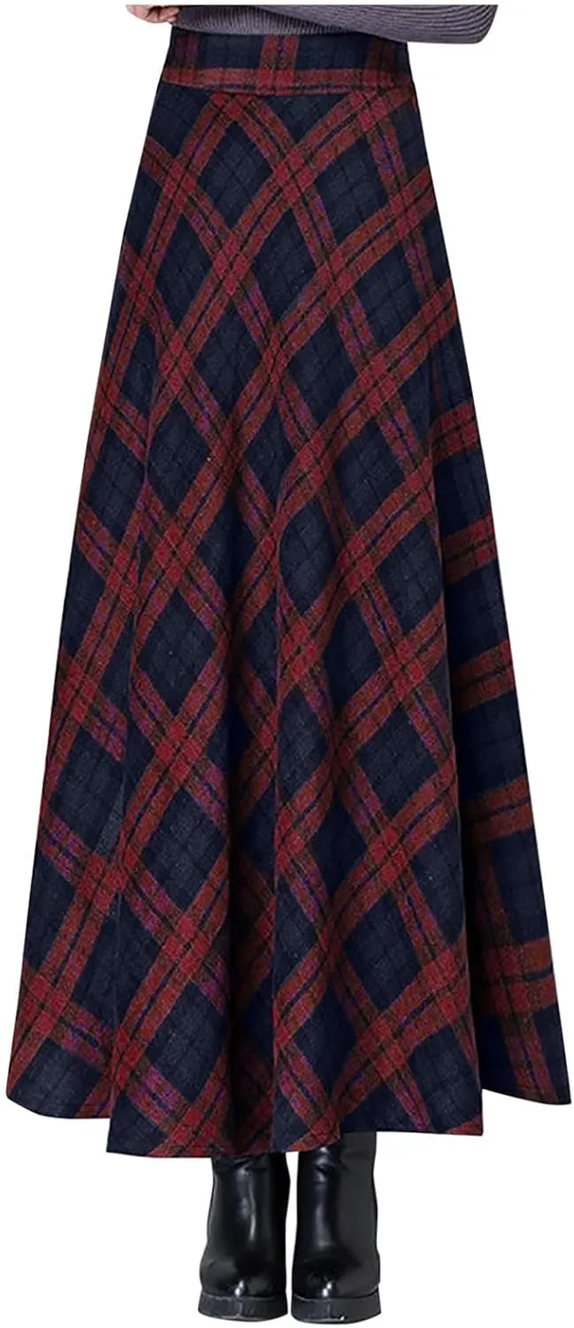 maisdgop Plaid Skirts for Women Winter Retro Woolen Warm Ankle Length Skirt 2024 Comfy Soft High Waisted Pleated Skirts