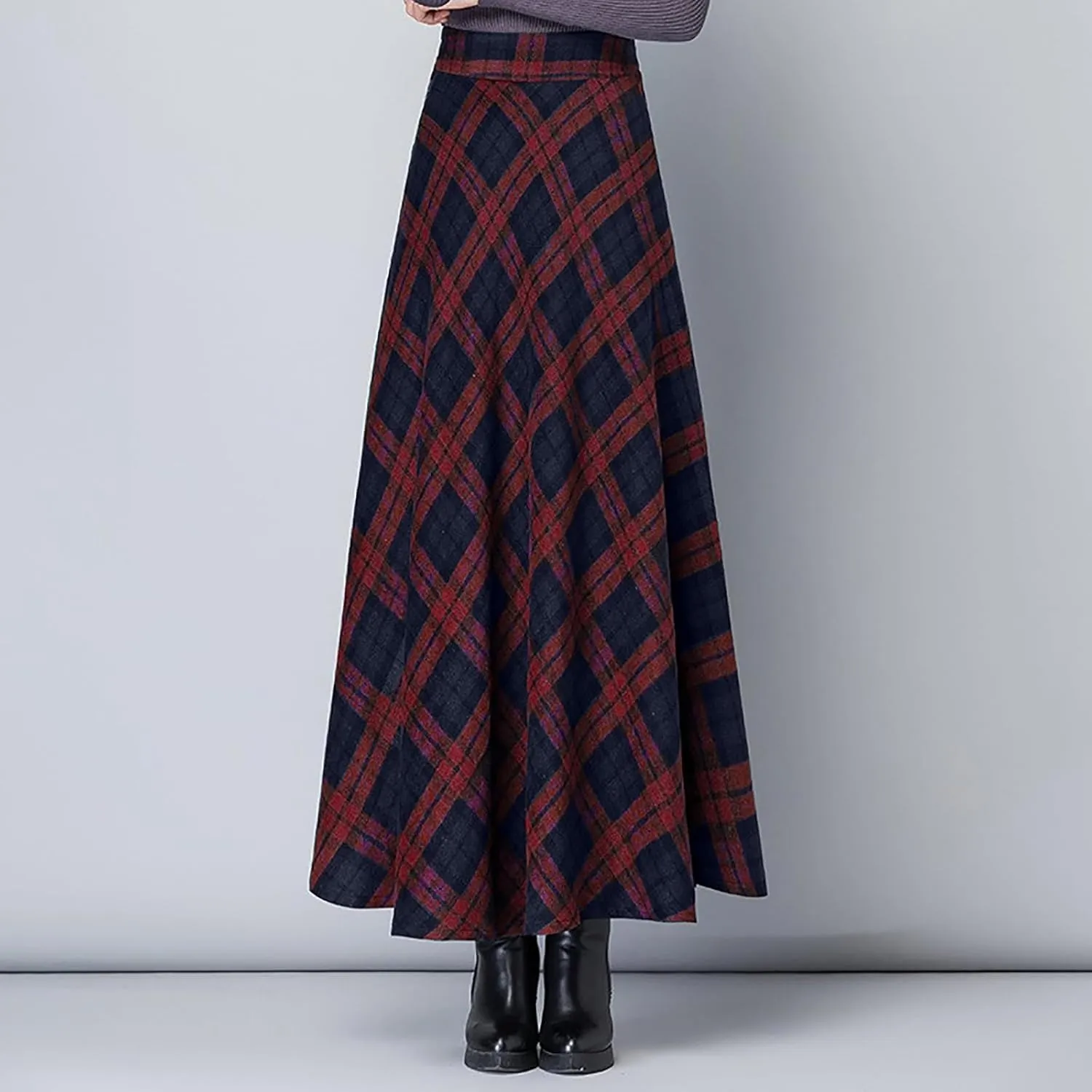 maisdgop Plaid Skirts for Women Winter Retro Woolen Warm Ankle Length Skirt 2024 Comfy Soft High Waisted Pleated Skirts