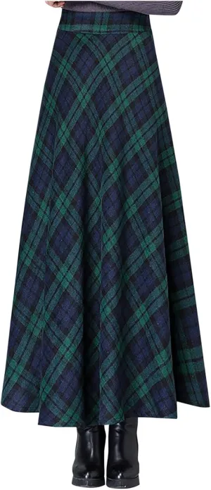 maisdgop Plaid Skirts for Women Winter Retro Woolen Warm Ankle Length Skirt 2024 Comfy Soft High Waisted Pleated Skirts