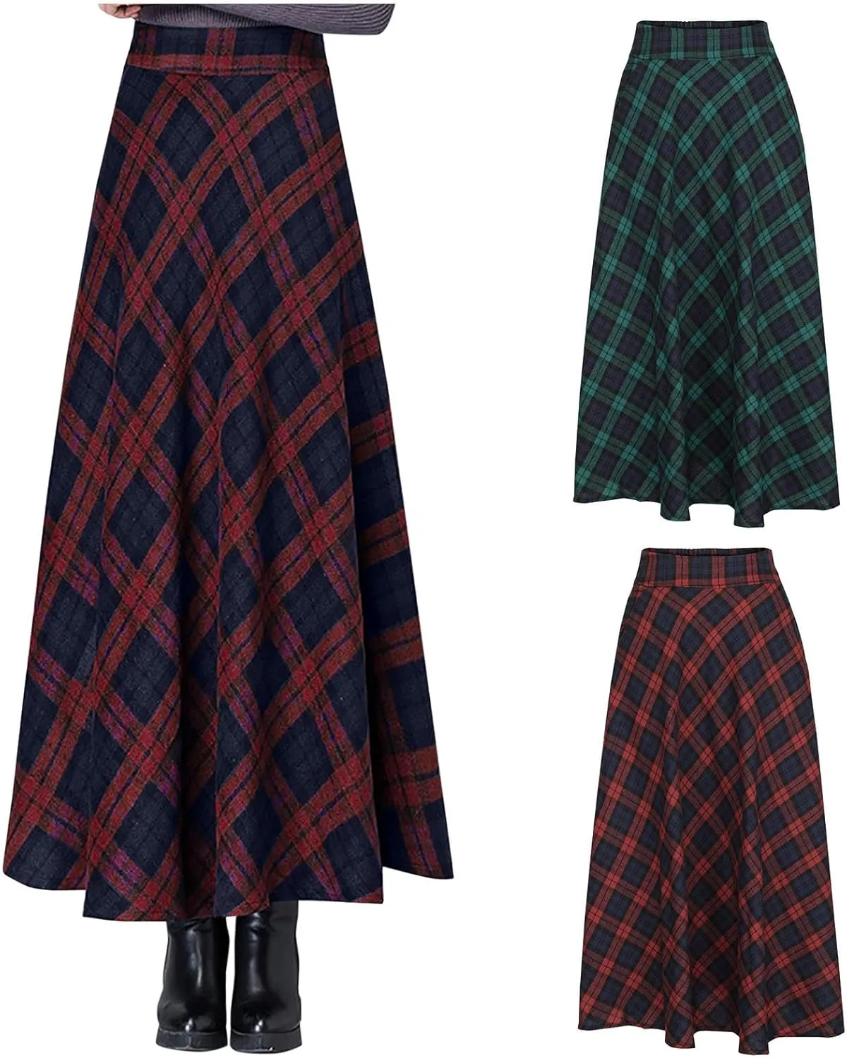 maisdgop Plaid Skirts for Women Winter Retro Woolen Warm Ankle Length Skirt 2024 Comfy Soft High Waisted Pleated Skirts