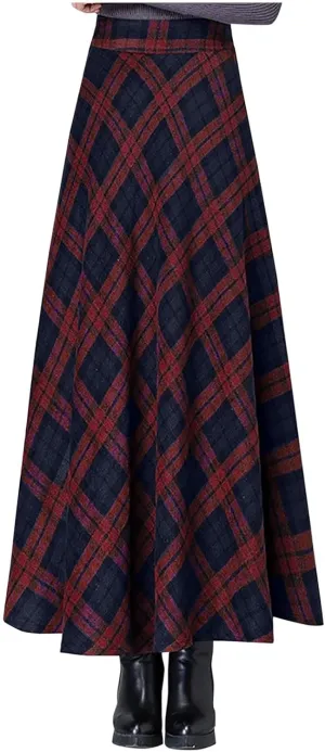 maisdgop Plaid Skirts for Women Winter Retro Woolen Warm Ankle Length Skirt 2024 Comfy Soft High Waisted Pleated Skirts