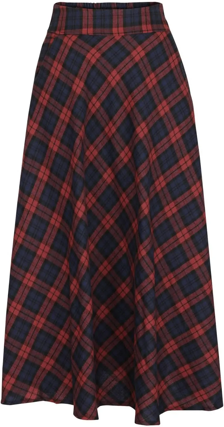 maisdgop Plaid Skirts for Women Winter Retro Woolen Warm Ankle Length Skirt 2024 Comfy Soft High Waisted Pleated Skirts
