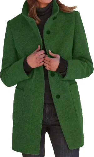 Maiyifu-GJ Womens Elegant Single Breasted Wool Trench Coat Casual Stand Collar Slim Fit Jacket Fall Long Sleeve Cardigan