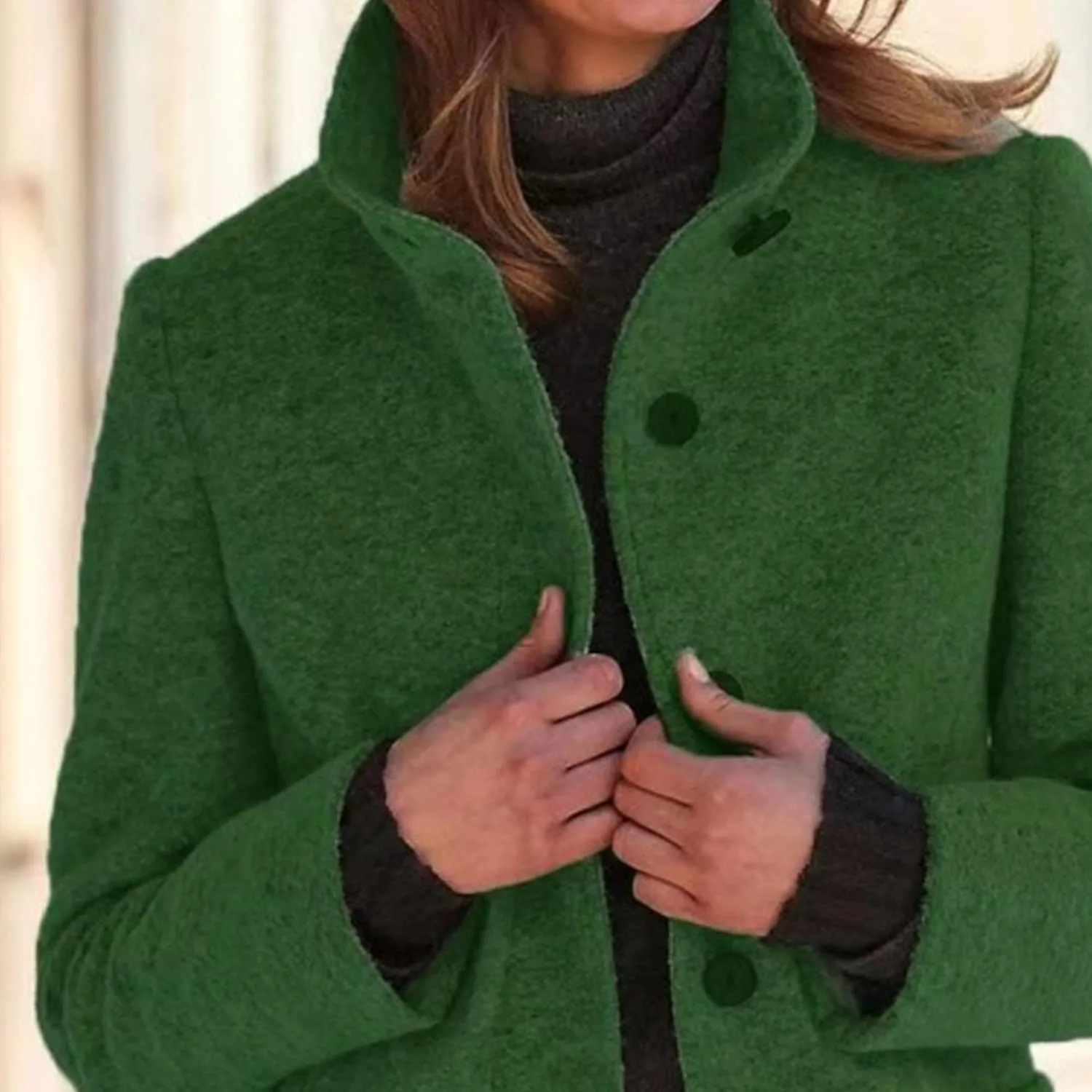 Maiyifu-GJ Womens Elegant Single Breasted Wool Trench Coat Casual Stand Collar Slim Fit Jacket Fall Long Sleeve Cardigan
