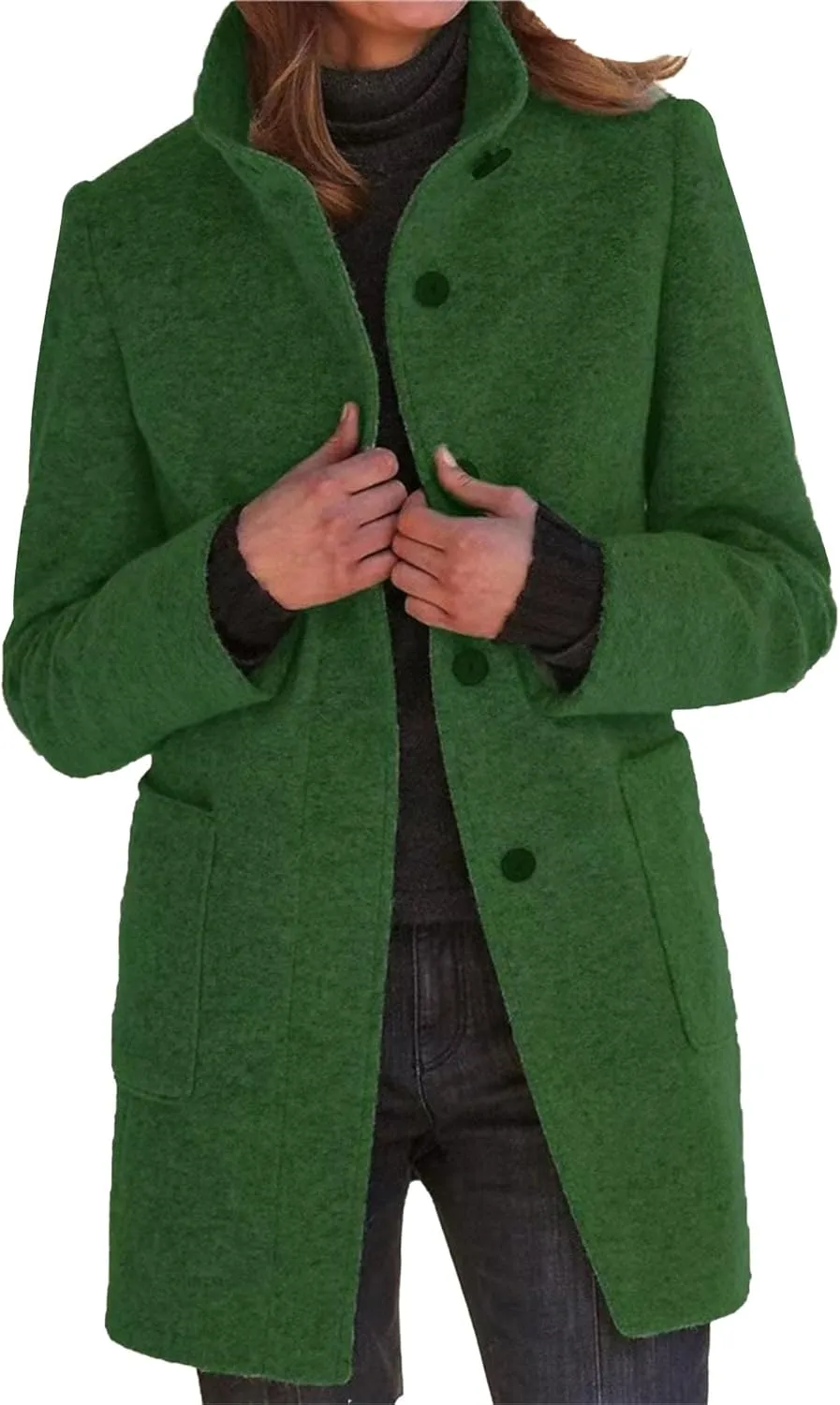 Maiyifu-GJ Womens Elegant Single Breasted Wool Trench Coat Casual Stand Collar Slim Fit Jacket Fall Long Sleeve Cardigan