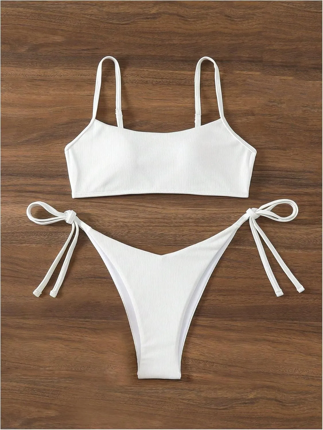 MakeMeChic Women's 2 Piece Bathing Suits Ribbed Tie Side Thong Bikini Set Swimsuit