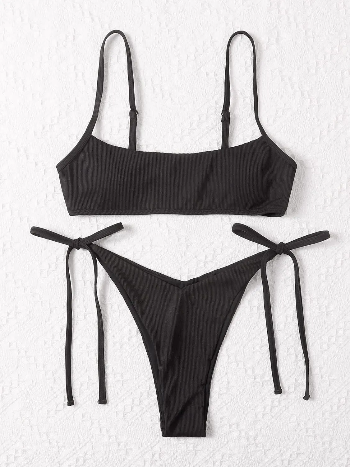 MakeMeChic Women's 2 Piece Bathing Suits Ribbed Tie Side Thong Bikini Set Swimsuit