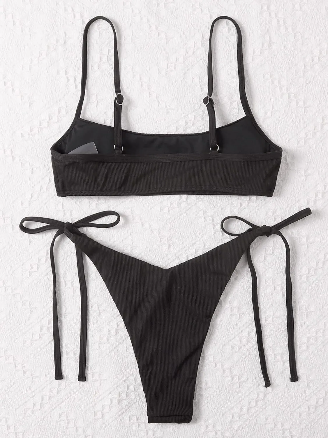MakeMeChic Women's 2 Piece Bathing Suits Ribbed Tie Side Thong Bikini Set Swimsuit