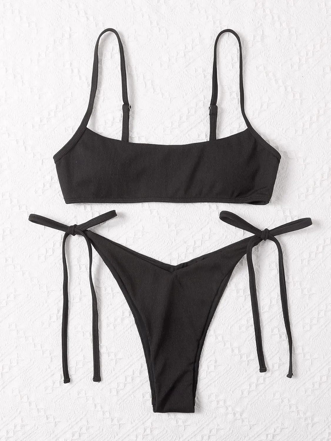MakeMeChic Women's 2 Piece Bathing Suits Ribbed Tie Side Thong Bikini Set Swimsuit
