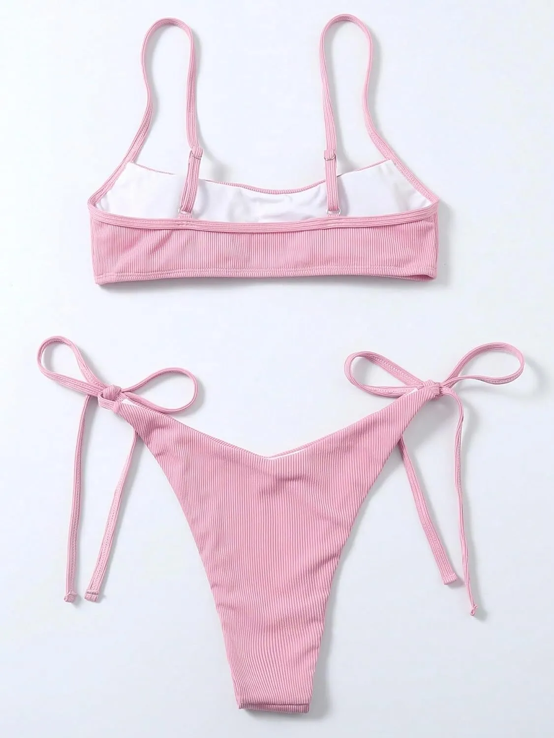 MakeMeChic Women's 2 Piece Bathing Suits Ribbed Tie Side Thong Bikini Set Swimsuit