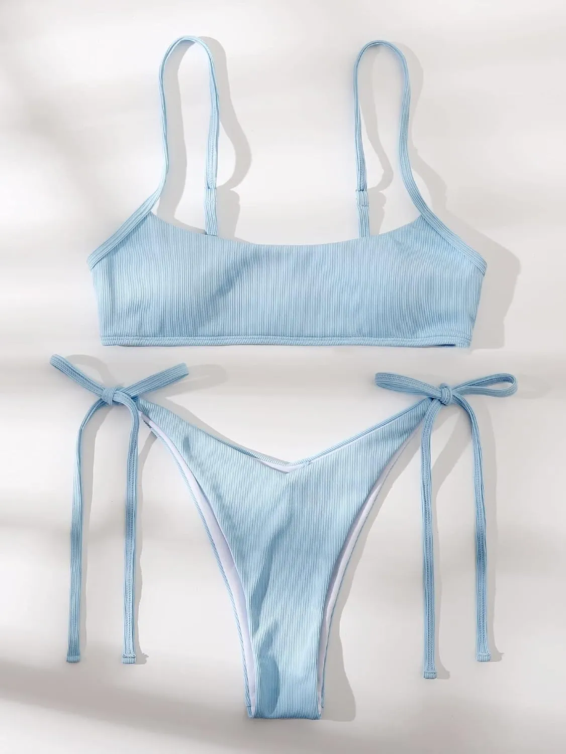 MakeMeChic Women's 2 Piece Bathing Suits Ribbed Tie Side Thong Bikini Set Swimsuit