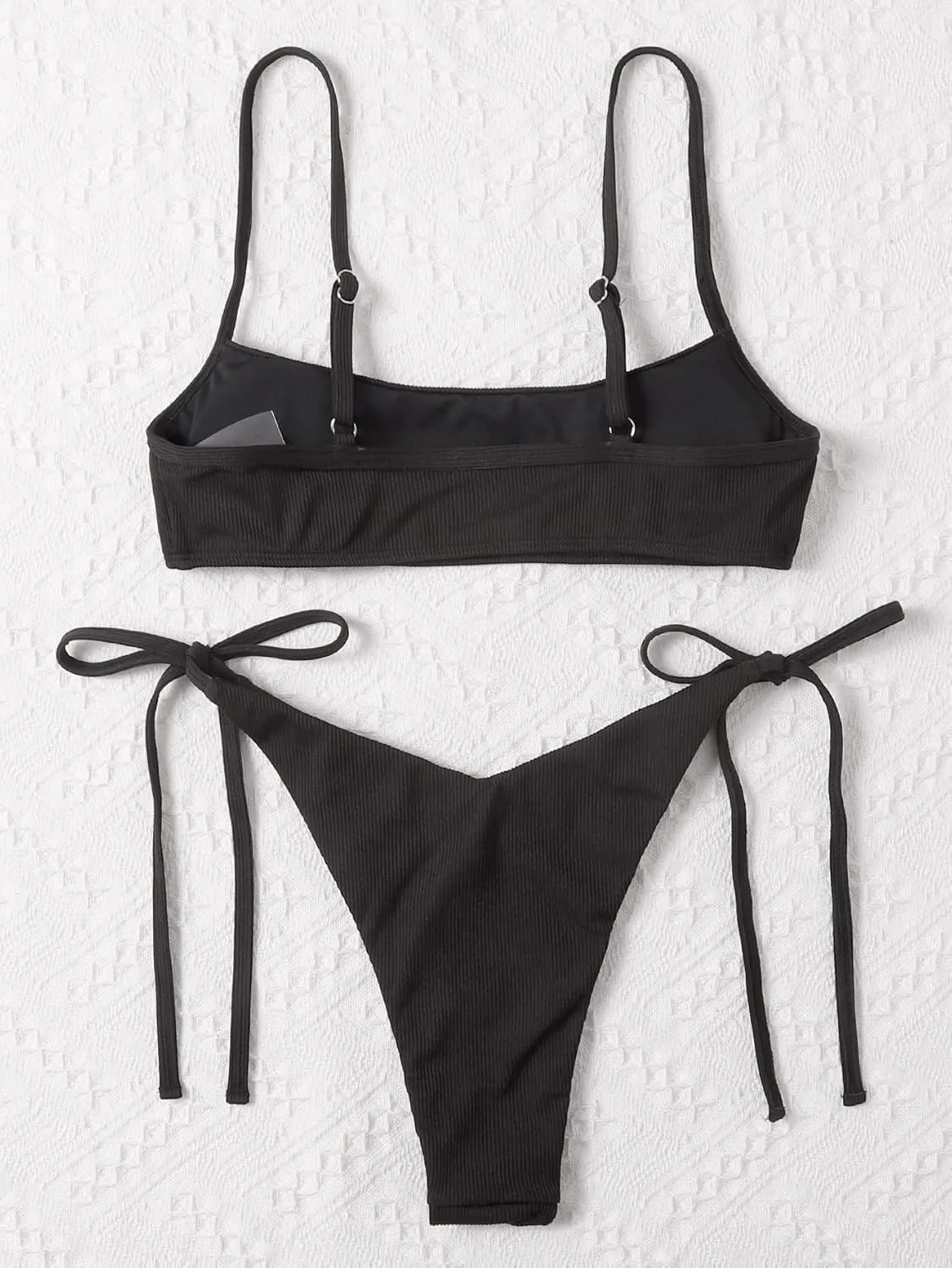 MakeMeChic Women's 2 Piece Bathing Suits Ribbed Tie Side Thong Bikini Set Swimsuit