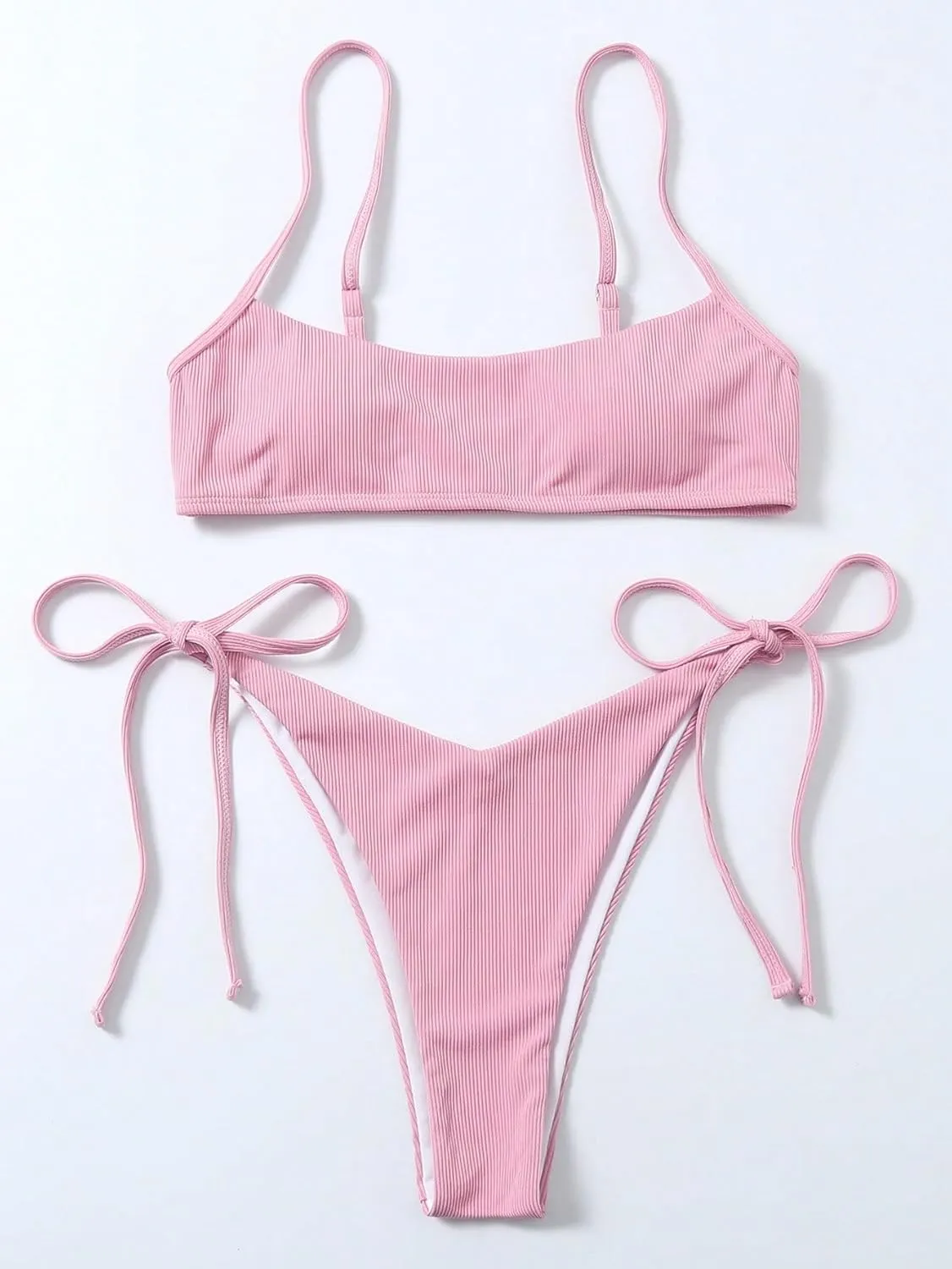 MakeMeChic Women's 2 Piece Bathing Suits Ribbed Tie Side Thong Bikini Set Swimsuit